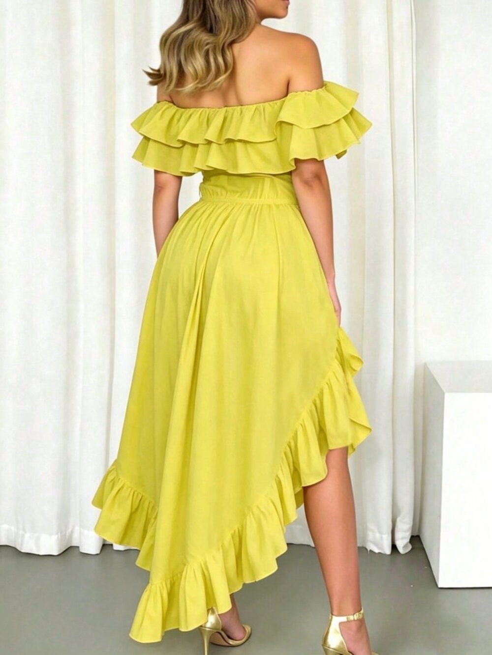 Yellow Boho Minimalist Women's Ruffle Trim Off-Shoulder Top - Picture 2 of 5